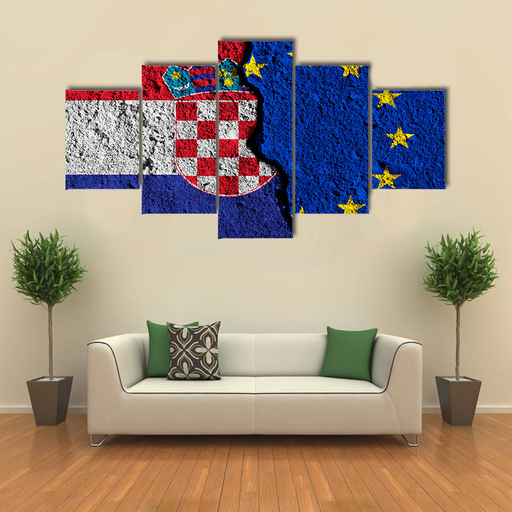 Crack Between European Union And Croatia Flags Multi Panel Canvas Wall Art