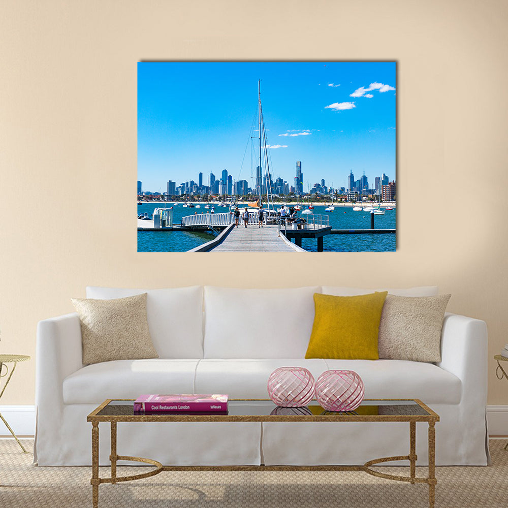 St. Kilda Filled With People And Yachts And A Cityscape, Downtown, Melbourne, Multi Panel Canvas Wall Art