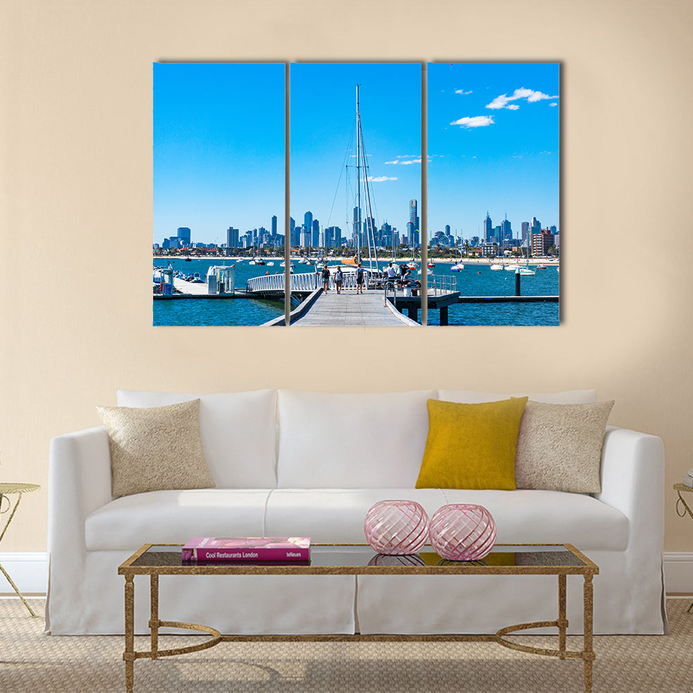 St. Kilda Filled With People And Yachts And A Cityscape, Downtown, Melbourne, Multi Panel Canvas Wall Art