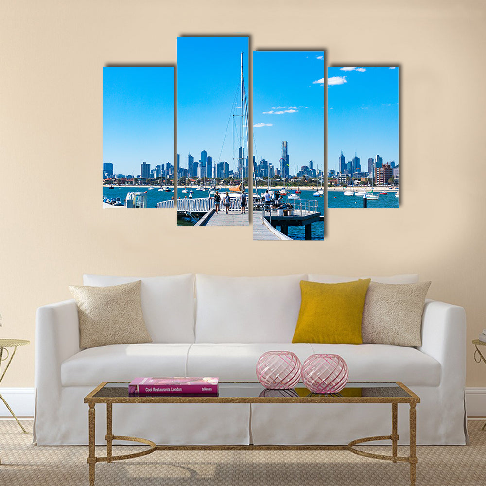 St. Kilda Filled With People And Yachts And A Cityscape, Downtown, Melbourne, Multi Panel Canvas Wall Art