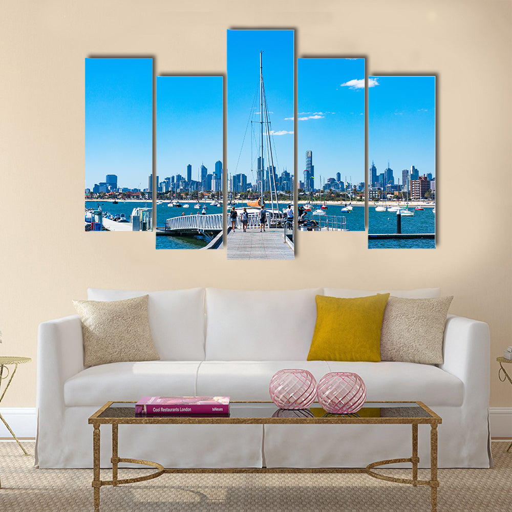 St. Kilda Filled With People And Yachts And A Cityscape, Downtown, Melbourne, Multi Panel Canvas Wall Art
