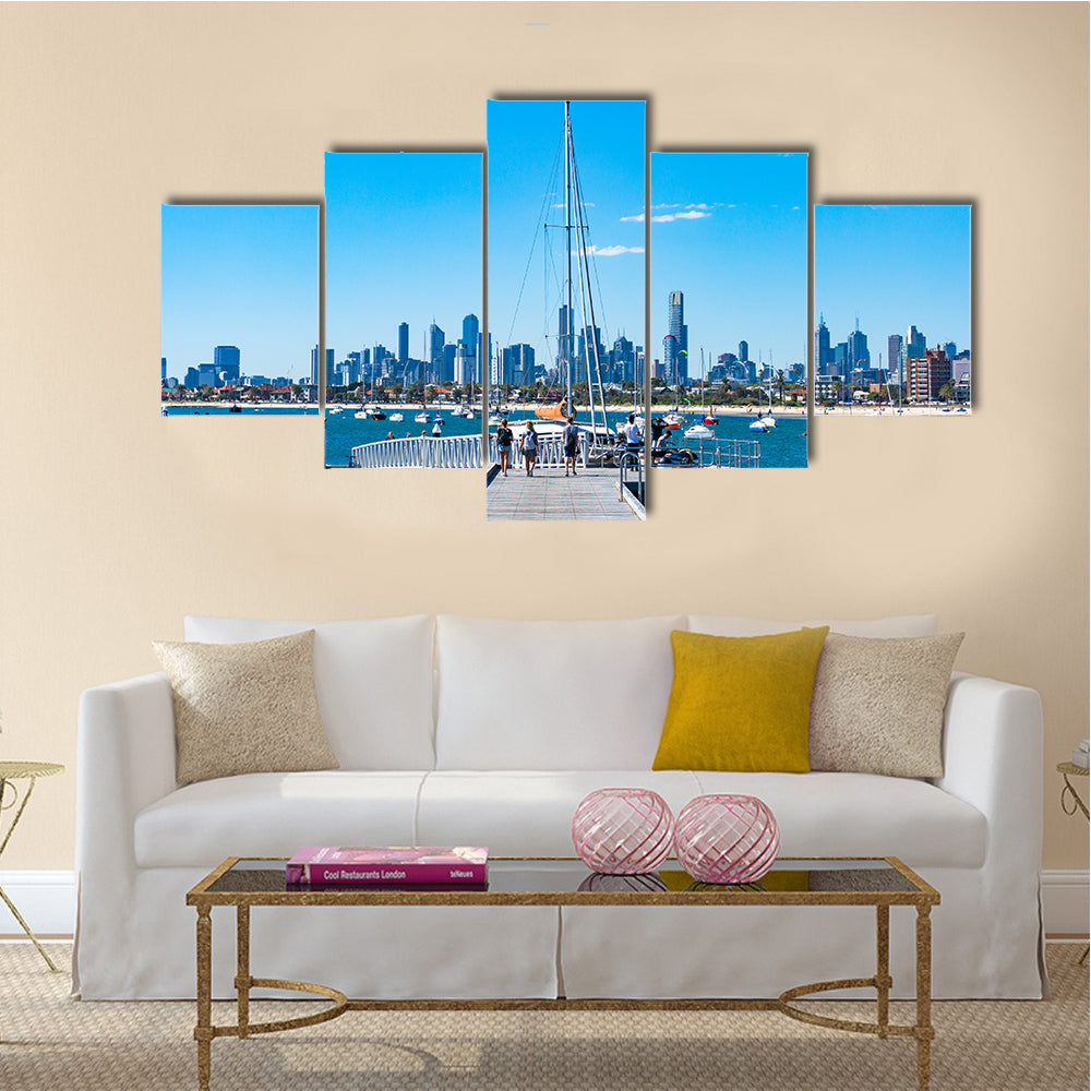 St. Kilda Filled With People And Yachts And A Cityscape, Downtown, Melbourne, Multi Panel Canvas Wall Art