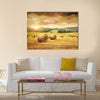 Field of freshly cut bales of hay with beautiful sunset Multi panel canvas wall art