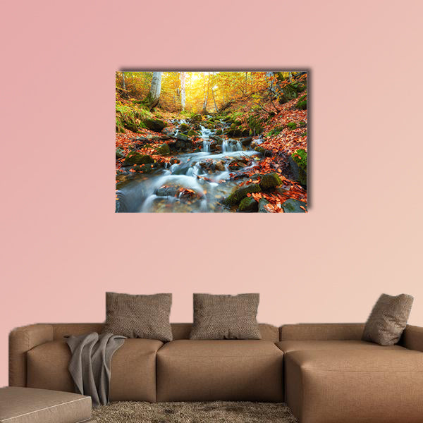 Autumn stream in the forest and wallpaper landscape background, multi panel canvas wall art