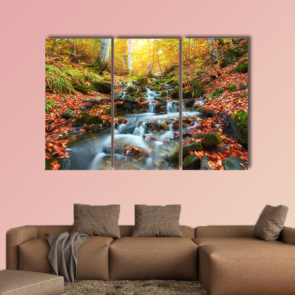 Autumn stream in the forest and wallpaper landscape background, multi panel canvas wall art