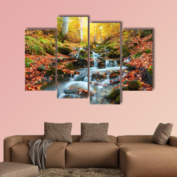 Autumn stream in the forest and wallpaper landscape background, multi panel canvas wall art