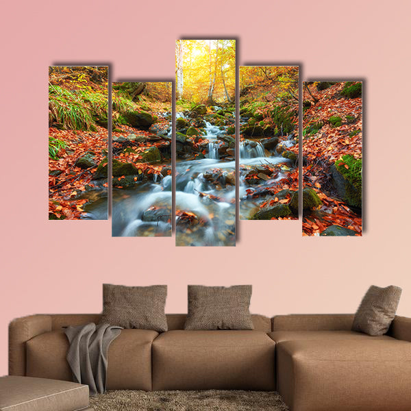 Autumn stream in the forest and wallpaper landscape background, multi panel canvas wall art