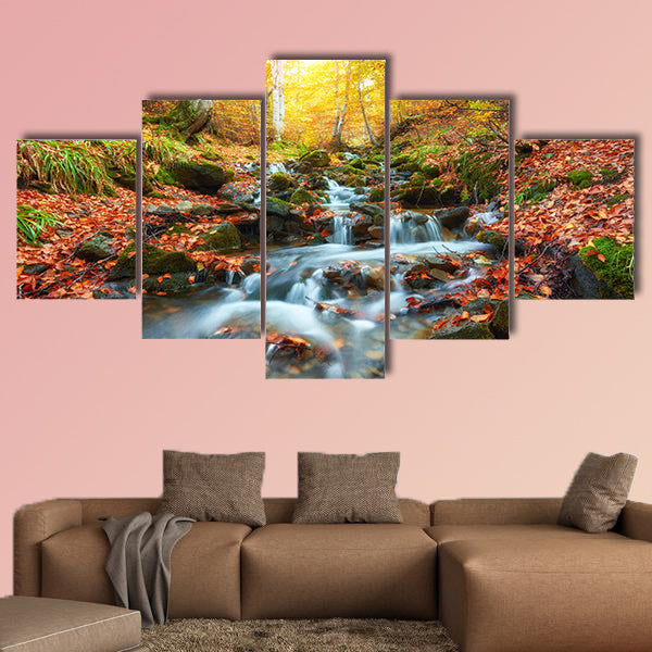 Autumn stream in the forest and wallpaper landscape background, multi panel canvas wall art