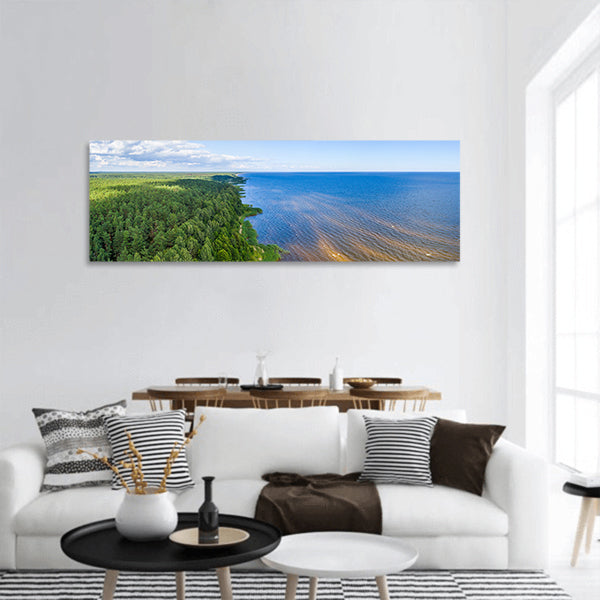 Aerial shot along the coast , Forest , Lake Panoramic canvas Wall Art