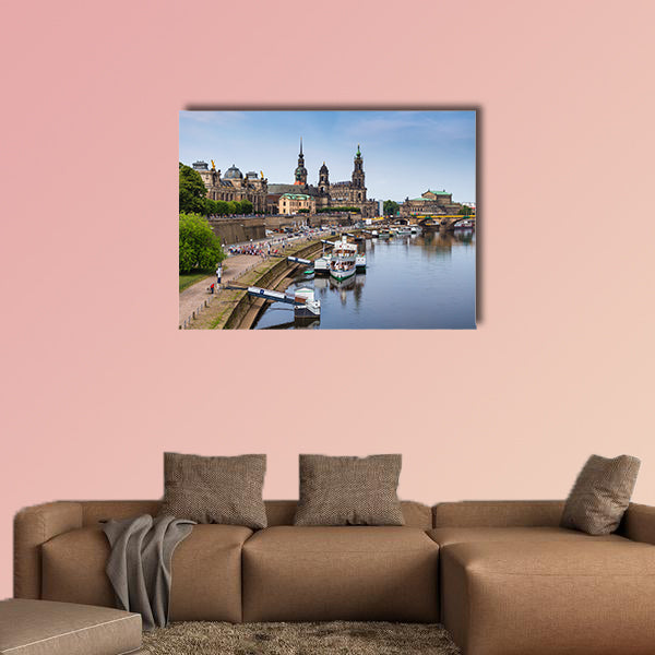 Scenic summer view of the Old Town architecture with Elbe river multi panel canvas wall art