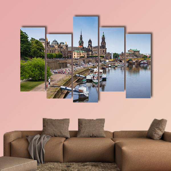 Scenic summer view of the Old Town architecture with Elbe river multi panel canvas wall art