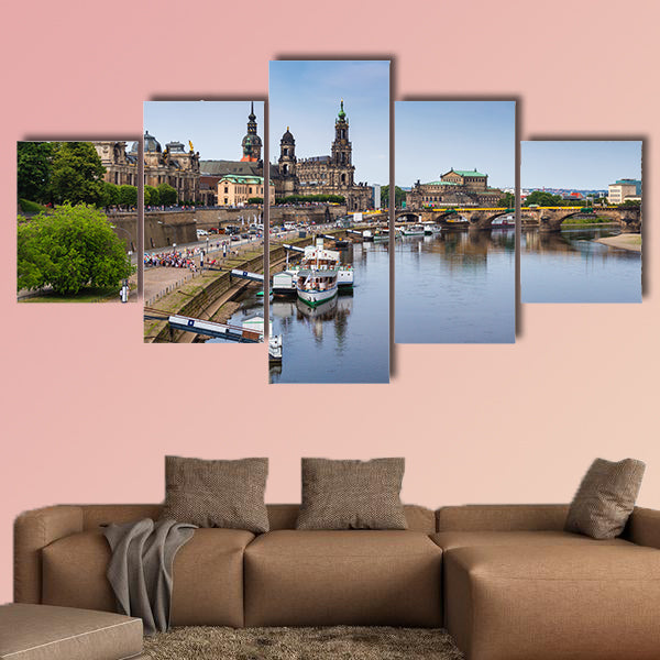 Scenic summer view of the Old Town architecture with Elbe river multi panel canvas wall art
