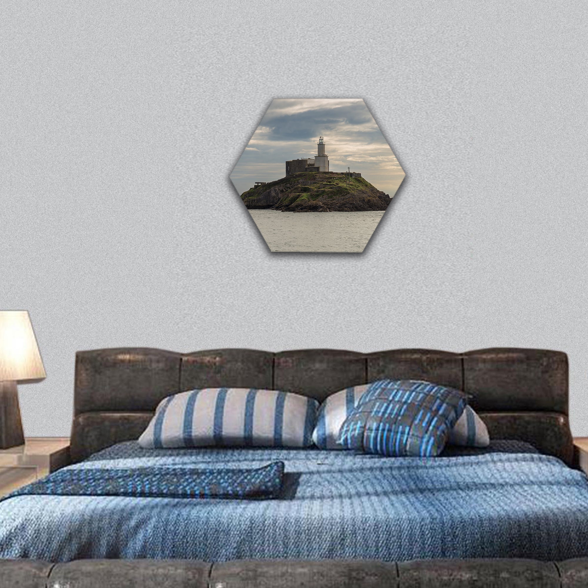 Cloudy day at Mumbles Head Lighthouse in Swansea hexagonal canvas wall art
