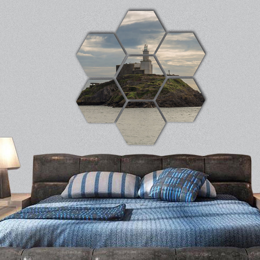 Cloudy day at Mumbles Head Lighthouse in Swansea hexagonal canvas wall art