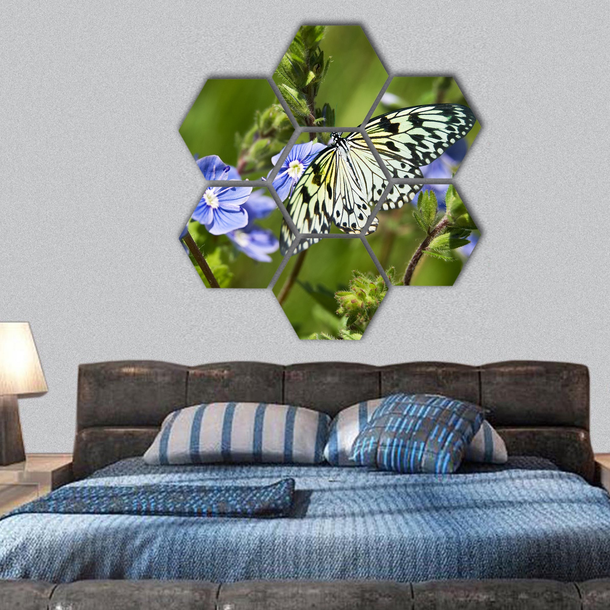 Butterfly on blue flowers closeup on meadows hexagonal canvas wall art