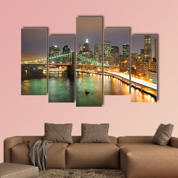 Skyline of Manhattan and Brooklyn Bridge multi panel canvas wall art