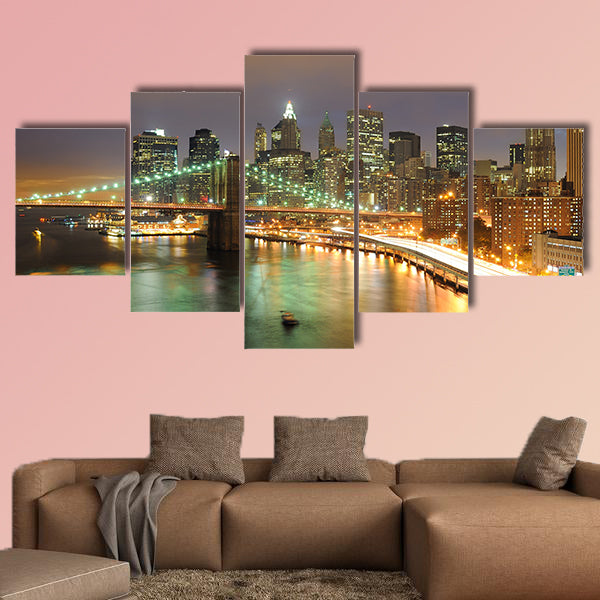 Skyline of Manhattan and Brooklyn Bridge multi panel canvas wall art