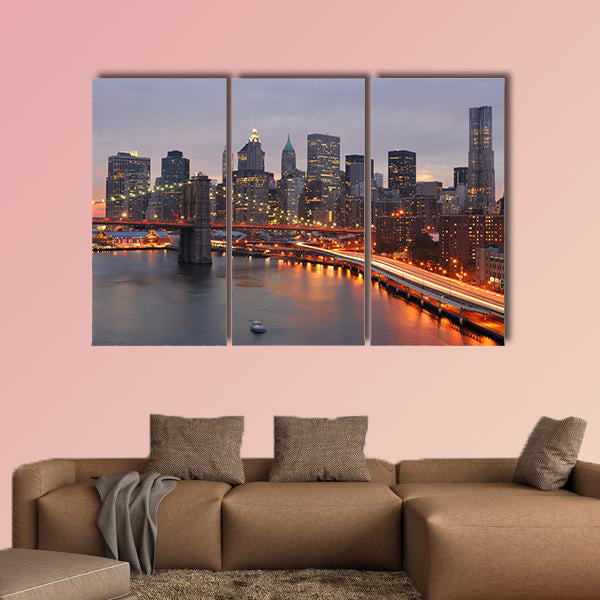 Skyline of Manhattan and Brooklyn Bridge multi panel canvas wall art