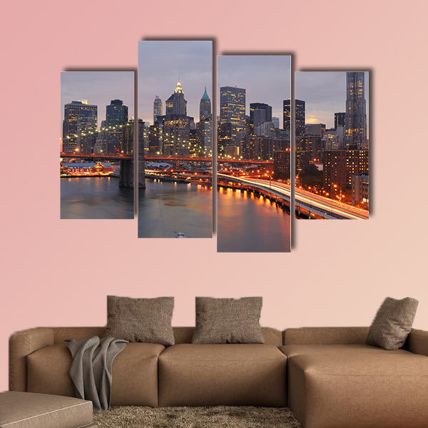 Skyline of Manhattan and Brooklyn Bridge multi panel canvas wall art