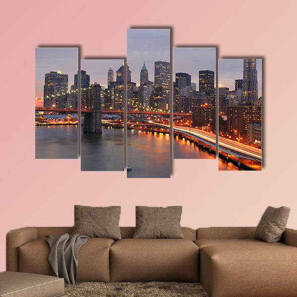 Skyline of Manhattan and Brooklyn Bridge multi panel canvas wall art