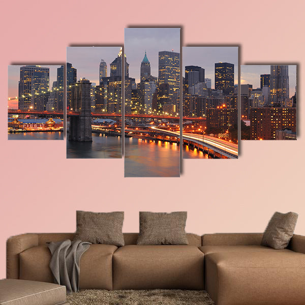 Skyline of Manhattan and Brooklyn Bridge multi panel canvas wall art