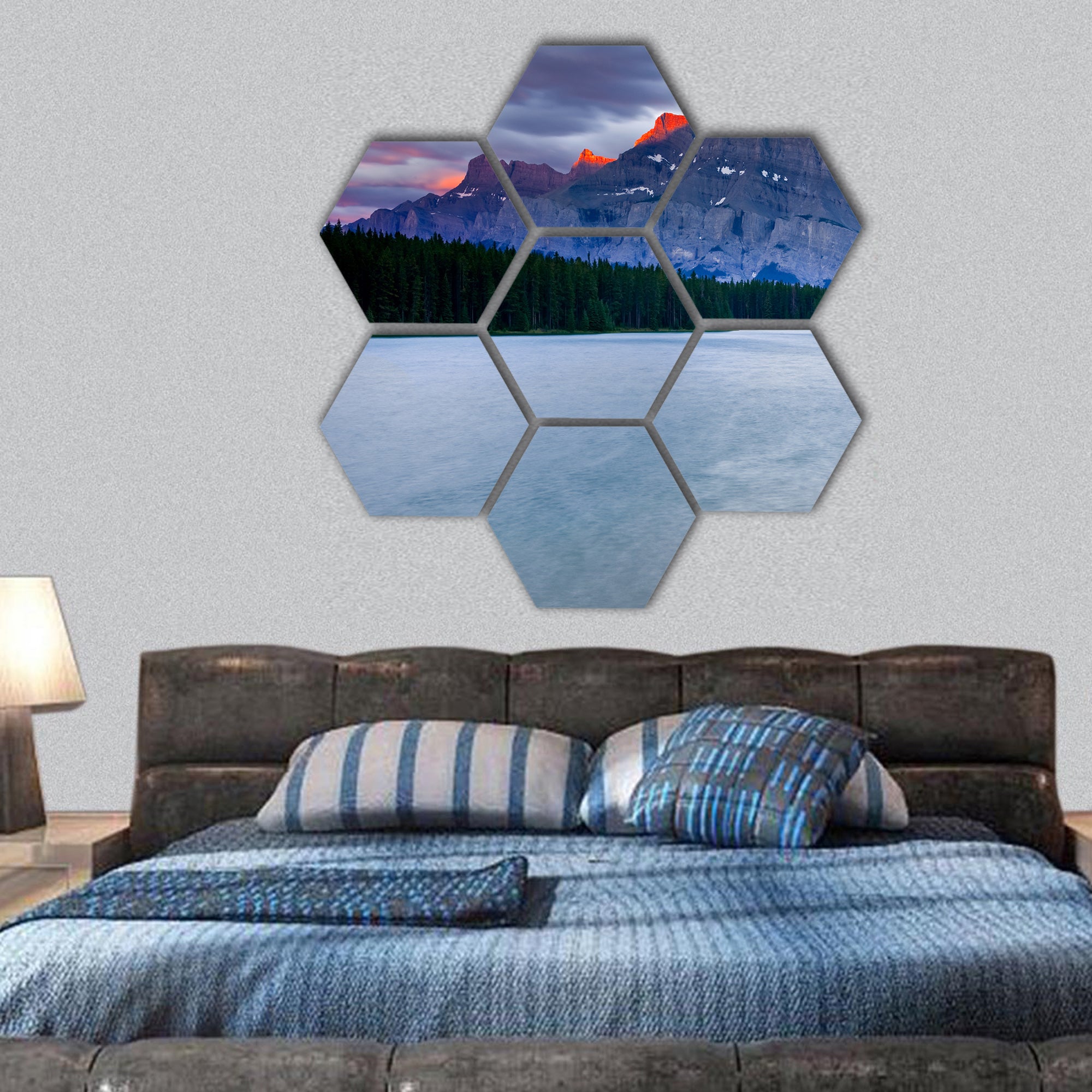 Mount Rundle and Two Jack Lake, Banff National Park hexagonal canvas wall art