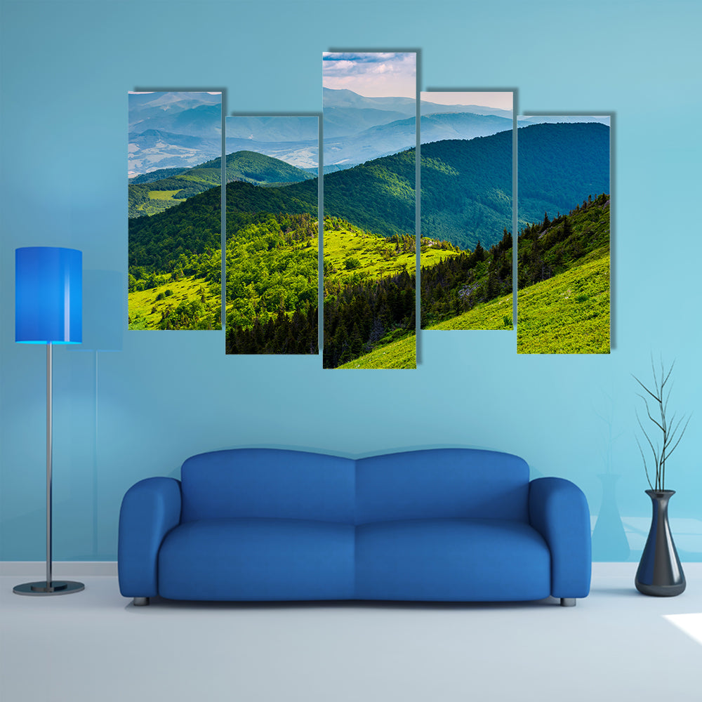 Mountainous landscape with forested hills multi panel canvas wall art