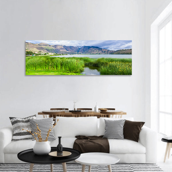 Typical plants in the beautiful Yahuarcocha lake Ecuador Panoramic canvas Wall Art