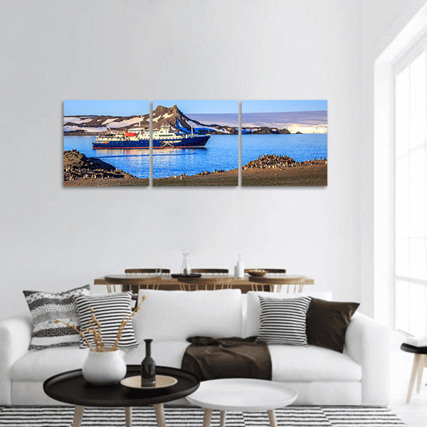 Blue antarctic cruise ship on the shore of Barrientos island, Panoramic canvas Wall Art