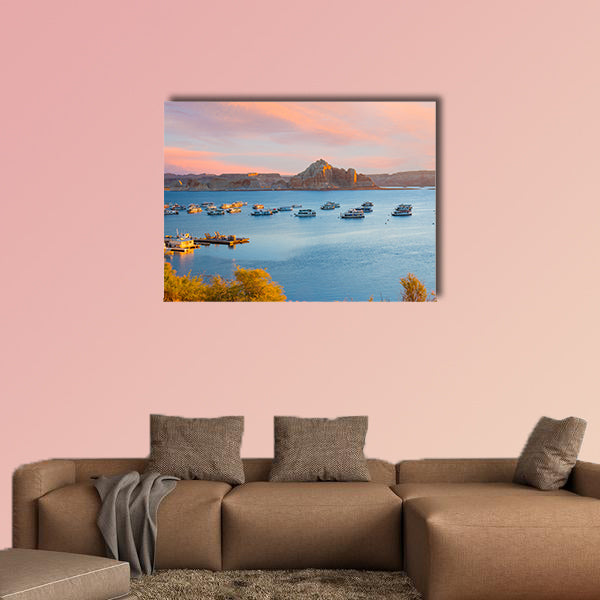 Houseboats during sunrise near Wahweap Marina on Lake Powell in Page, Arizona multi panel canvas wall art