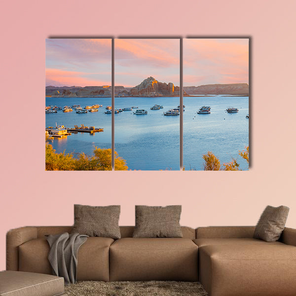 Houseboats during sunrise near Wahweap Marina on Lake Powell in Page, Arizona multi panel canvas wall art