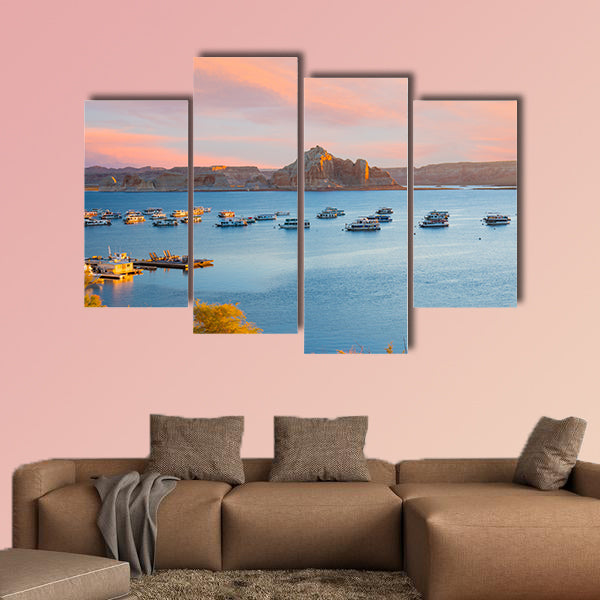 Houseboats during sunrise near Wahweap Marina on Lake Powell in Page, Arizona multi panel canvas wall art