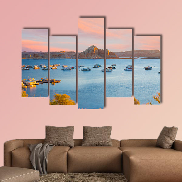 Houseboats during sunrise near Wahweap Marina on Lake Powell in Page, Arizona multi panel canvas wall art