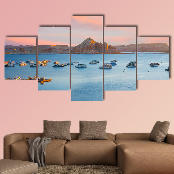 Houseboats during sunrise near Wahweap Marina on Lake Powell in Page, Arizona multi panel canvas wall art