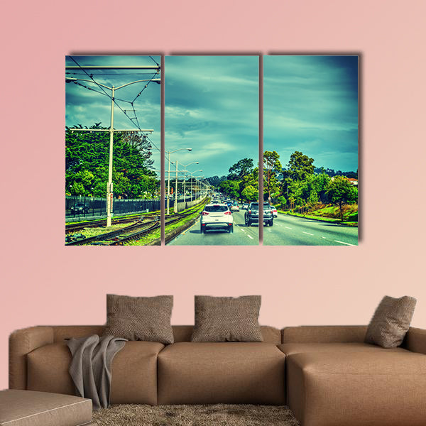 Traffic on a cloudy day in San Francisco, California multi panel canvas wall art
