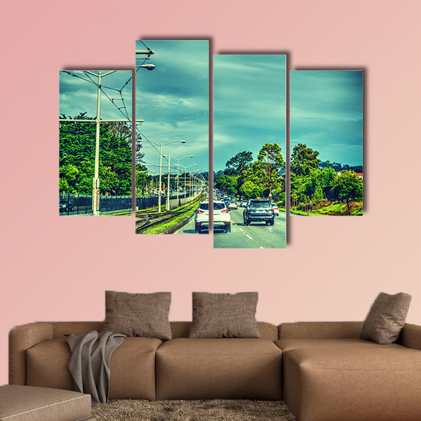 Traffic on a cloudy day in San Francisco, California multi panel canvas wall art