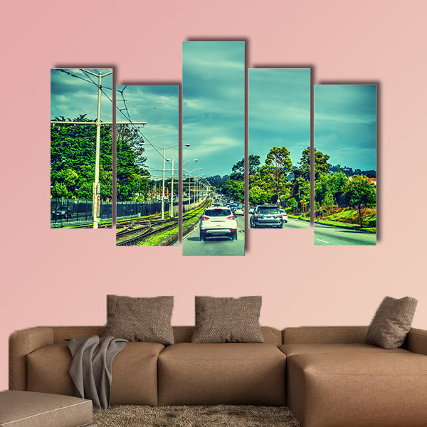 Traffic on a cloudy day in San Francisco, California multi panel canvas wall art