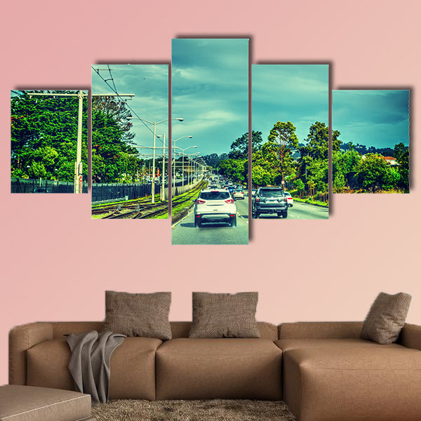Traffic on a cloudy day in San Francisco, California multi panel canvas wall art