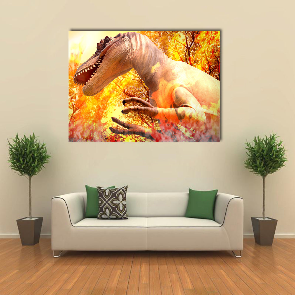 Dinosaur With Disaster Background Multi Panel Canvas Wall Art
