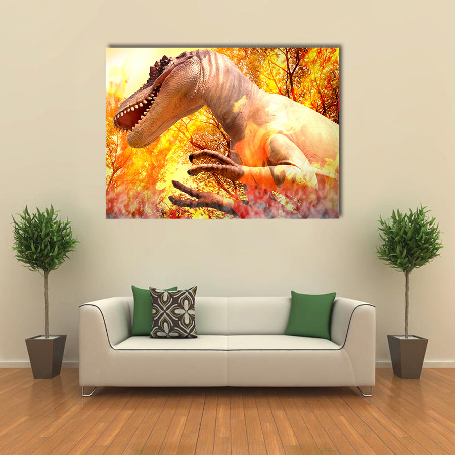 Dinosaur With Disaster Background Multi Panel Canvas Wall Art