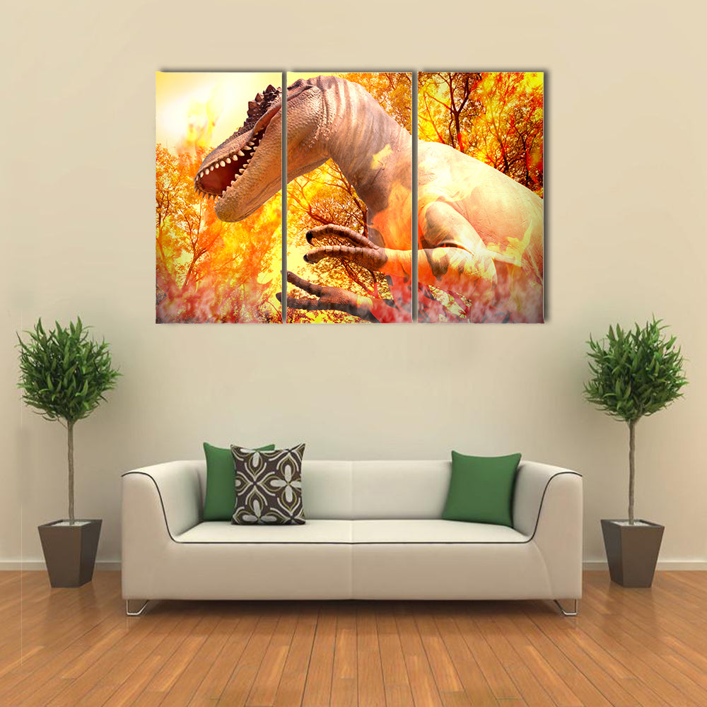 Dinosaur With Disaster Background Multi Panel Canvas Wall Art