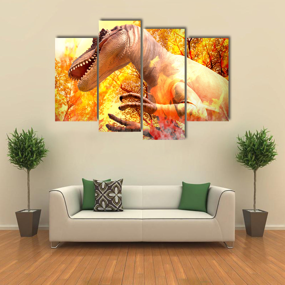 Dinosaur With Disaster Background Multi Panel Canvas Wall Art