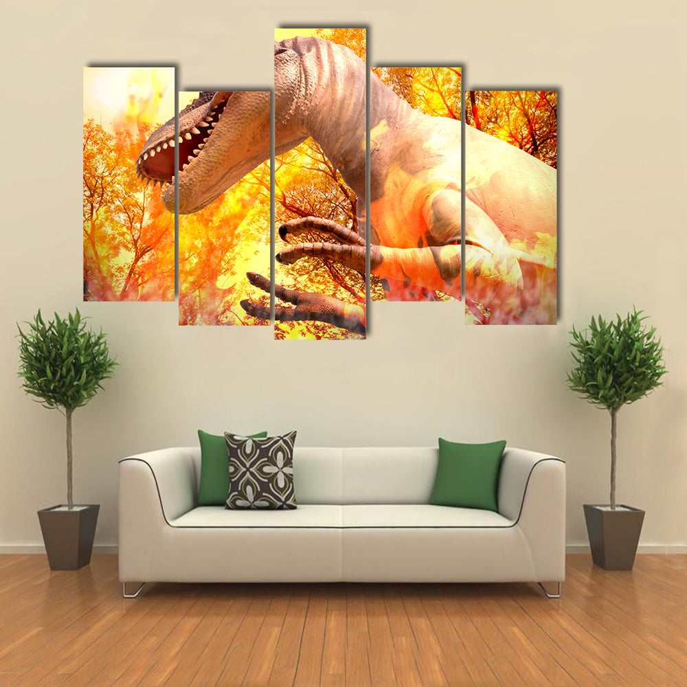 Dinosaur With Disaster Background Multi Panel Canvas Wall Art