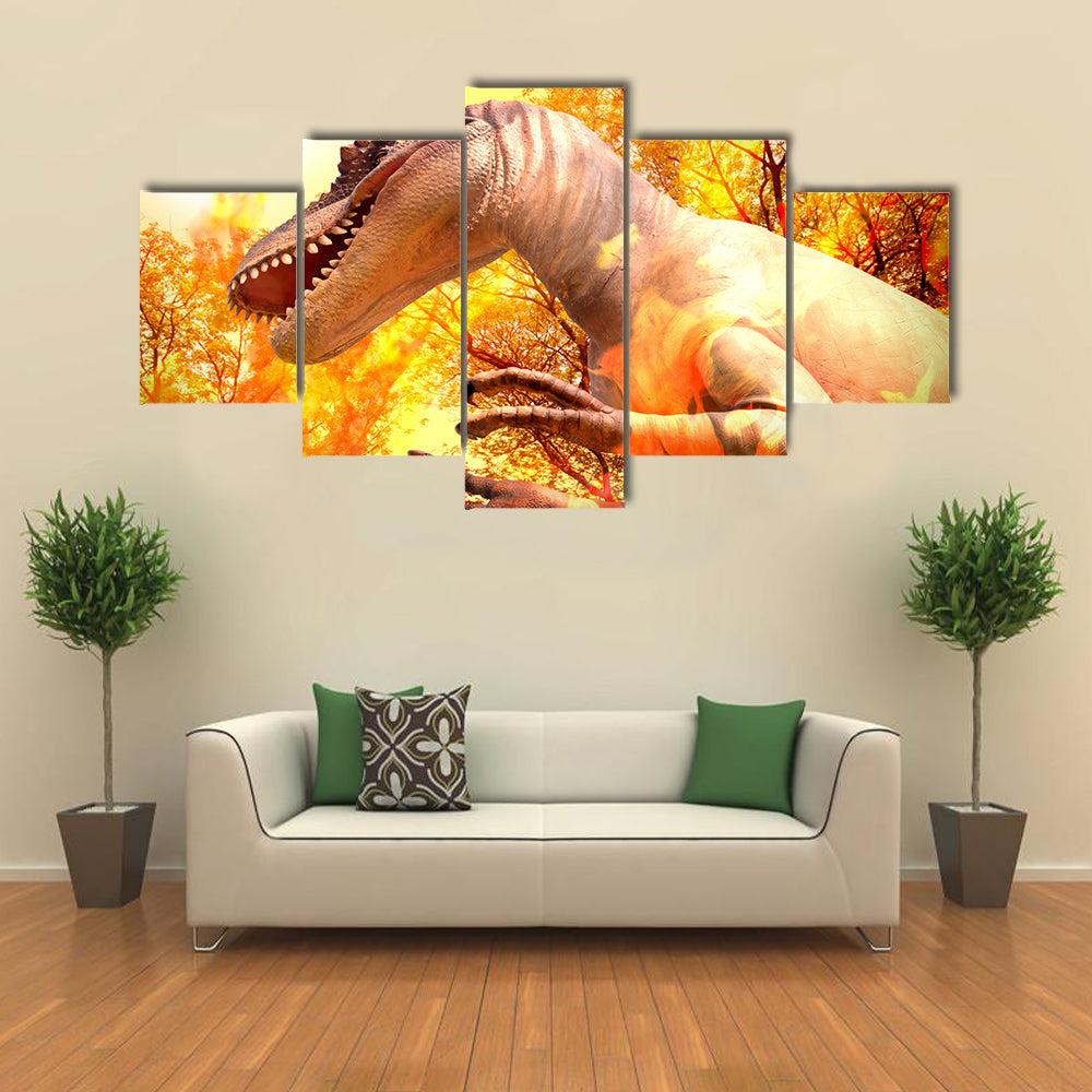 Dinosaur With Disaster Background Multi Panel Canvas Wall Art