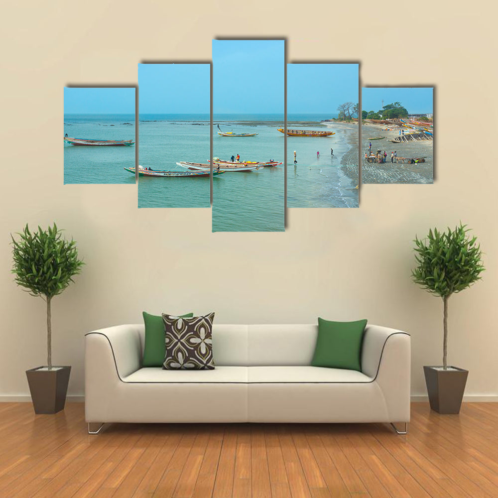 Boats on the shoreline of Barra in Gambia, West Africa Multi Panel Canvas Wall Art