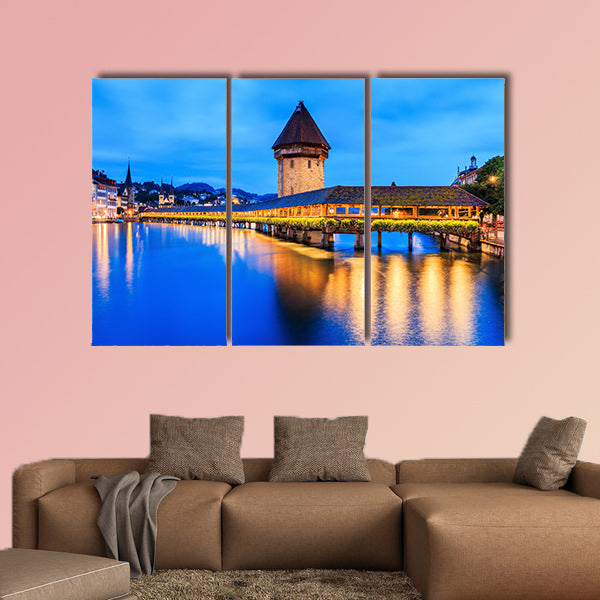 Chapel bridge at night, Lucerne, Switzerland multi panel canvas wall art