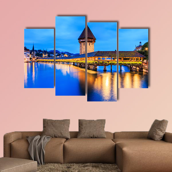 Chapel bridge at night, Lucerne, Switzerland multi panel canvas wall art