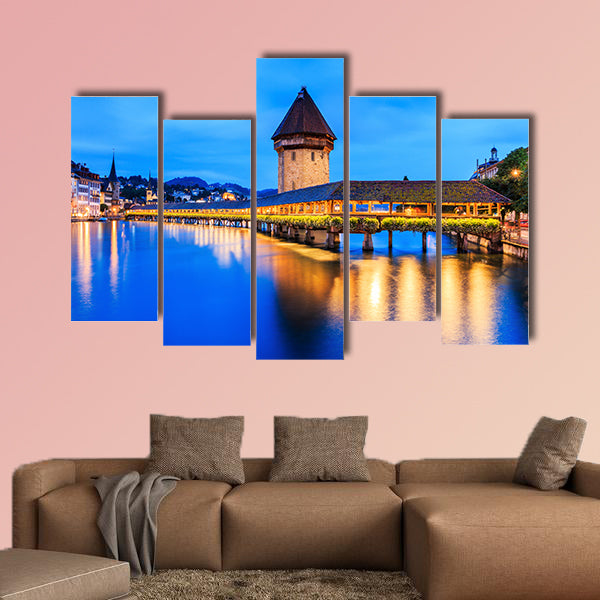Chapel bridge at night, Lucerne, Switzerland multi panel canvas wall art