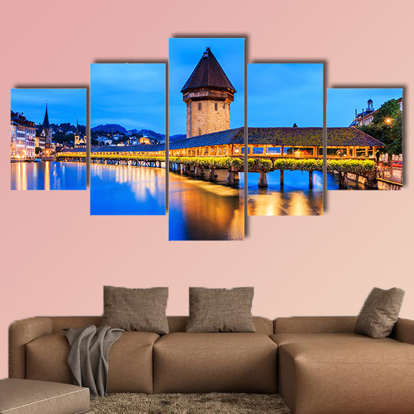 Chapel bridge at night, Lucerne, Switzerland multi panel canvas wall art