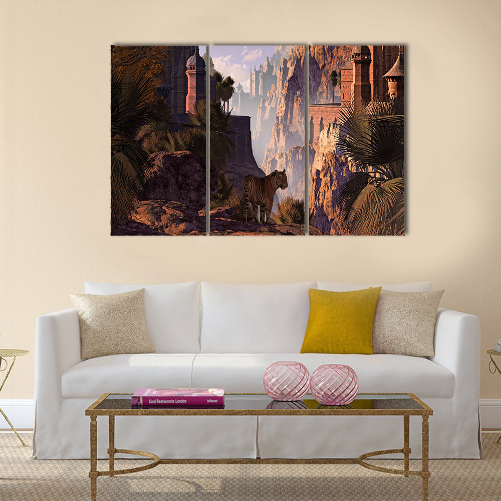 A landscape in India of a mountainous canyon with gothic castles Multi Panel Canvas Wall Art
